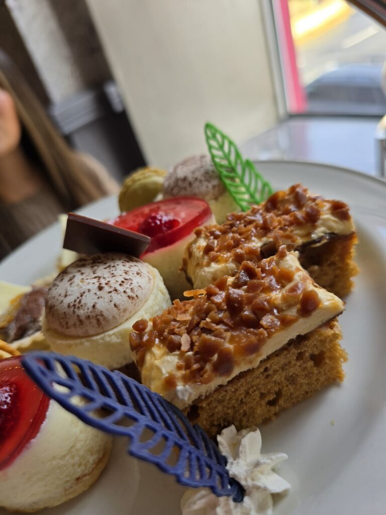 WhatsApp Image 2026-02-27 at 15.59.49 (4) A plate with assorted desserts, including cakes with cream and nuts, mousse, fruit tarts, and decorative chocolate and sugar leaves, placed near a window.
