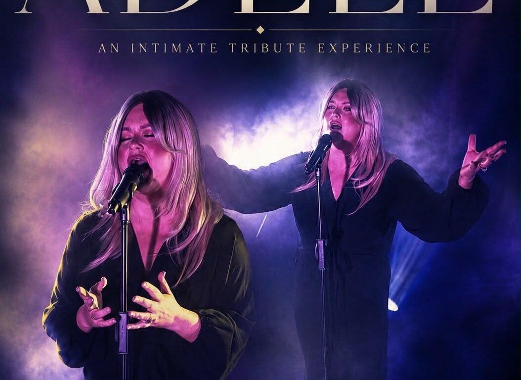 Poster for “A Night of Adele” shows a female singer performing on stage with microphones, purple lighting, and promotional text about an Adele tribute experience.