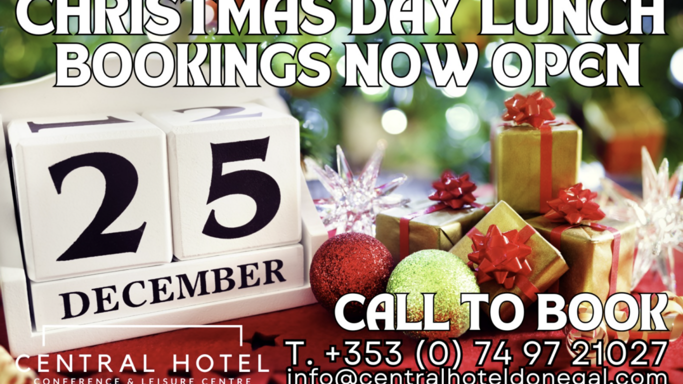 Christmas Day Lunch bookings open at Central Hotel, December 25 sign, gifts, contact info, festive background.