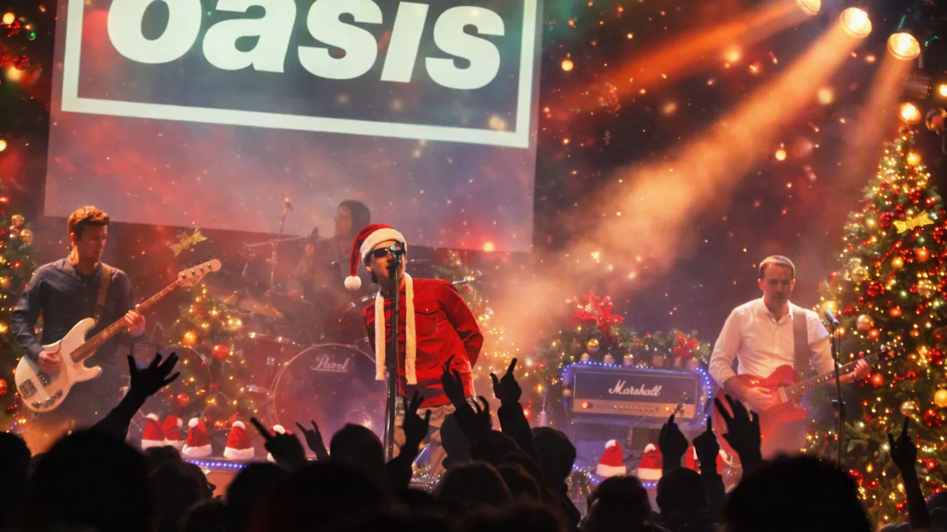 A band performs on stage with Christmas decorations and “Oasis” on a screen behind them; the lead singer wears a Santa hat. Audience members raise their hands.
