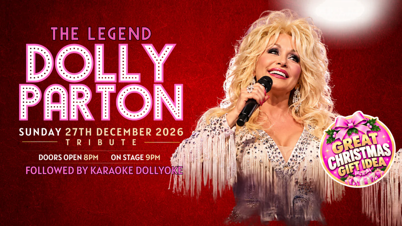 Promotional poster for a Dolly Parton tribute show on December 27, 2026, featuring a performer with a microphone and show details on a red background.
